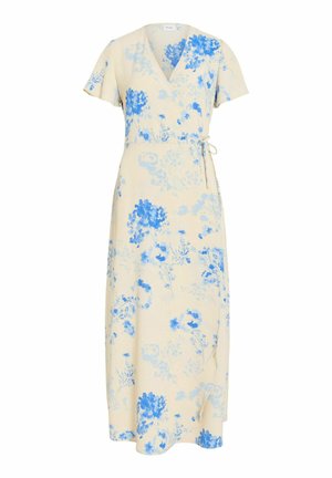 Robe portefeuille crème à manches courtes avec imprimé floral bleu, dotée d'une ceinture latérale et d'une longueur midi.