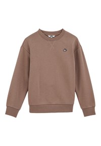 Barna pulóver bordás kerek nyakkal, hosszú ujjak, és hímzett logóval a mellkasán. Puha tapintás, laza dizájn és kényelmes szabás.