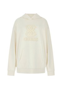 Crème hoodie met een logo met een vergrendeld ontwerp en "GUESS" geborduurd in het midden, met een kangoeroezak en ribgebreide boorden.