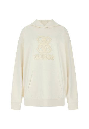 Sweat à capuche crème avec un logo au design imbriqué et "GUESS" brodé au centre, avec une poche kangourou et des poignets côtelés.