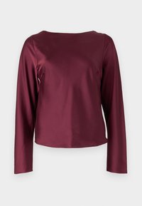 Burgundy long-sleeve top with a round neckline. Smooth, shiny fabric with straight sides and a slightly cropped hem. No visible patterns or details.