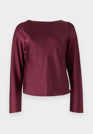 Burgundy long-sleeve top with a round neckline. Smooth, shiny fabric with straight sides and a slightly cropped hem. No visible patterns or details.