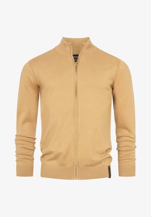 Tan zip-up cardigan med høj krave, ribbede manchetter og kant. Glat, let strikket stof med minimal detaljer.