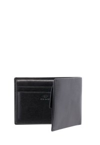 Črni usnjeni denarnica z več režami za kartice in zložljivo zasnovo. Gladek videz s subtilnim logotipom in minimalističnim slogom.