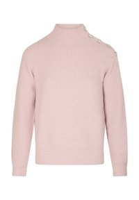 Różowy sweter z prążkowanej dzianiny z wysokim kołnierzem, ozdobiony dekoracyjnymi srebrnymi guzikami na jednym ramieniu i luźnym krojem. Miękka tekstura, casualowy design.