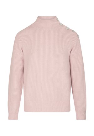 Maglione rosa a coste con colletto alto, caratterizzato da bottoni decorativi argentati su una spalla e una vestibilità rilassata. Texture morbida, design casual.