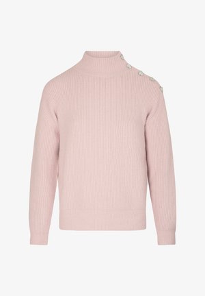 Maglione rosa a coste con colletto alto, caratterizzato da bottoni decorativi argentati su una spalla e una vestibilità rilassata. Texture morbida, design casual.