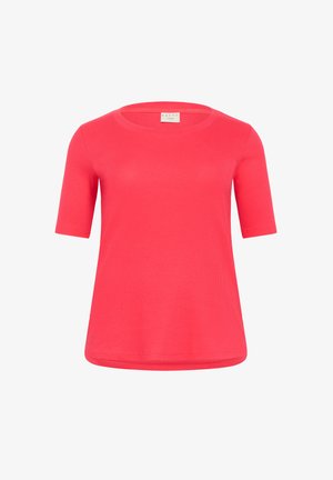 Tričko s krátkym rukávom v jasnej koralovej farbe, vyrobené z jemnej, rebrovanej látky. Má okrúhly výstrih a voľný strih.