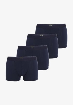 Costumi da bagno blu navy da uomo, realizzati in un tessuto misto cotone, con una vita morbida e un design aderente. Quattro paia impilati.
