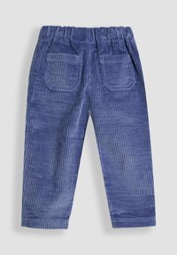 Blauwe corduroy broek met elastische tailleband en twee achterzakken, plat weergegeven op een lichte achtergrond.