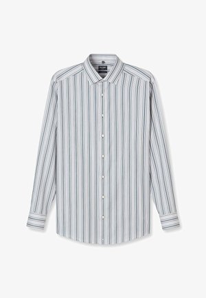 Herrenhemd mit langen Ärmeln, Knopfleiste, vertikalen weißen, blauen und schwarzen Streifen, klassischem Kragen und mit Knöpfen versehenen Manschetten.