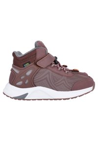 Bruine sportieve mid-top schoenen van mesh en synthetisch materiaal, met een gevoerde kraag, verstelbare band en een gestructureerde rubbere zool.