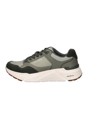 Grauer und schwarzer Skechers Sneaker mit weißer dicker Sohle, Schnürdesign und "CONTOUR FOAM" Dämpfung an der Ferse.