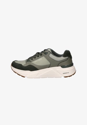 Grauer und schwarzer Skechers Sneaker mit weißer dicker Sohle, Schnürdesign und "CONTOUR FOAM" Dämpfung an der Ferse.