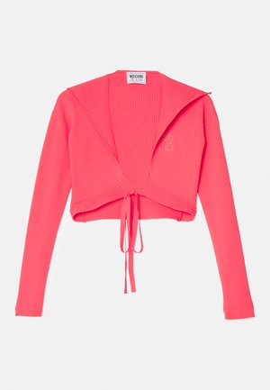 Rafinuotas, trumpas megztinis ryškiai rožinės spalvos, su ilgomis rankovėmis ir suknelių mazgu priekyje. Viduje etiketė su užrašu "Moschino Jeans".