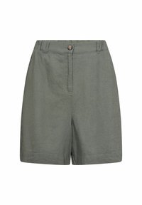 Jednoduché olivově zelené šortky s vysokým pasem, zapínáním na knoflík a zip, poutky na opasek a bočními kapsami, vystavené na bílém pozadí.