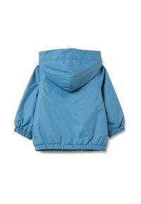 Giacca a vento azzurro chiaro con cappuccio, polsini ed orlo elasticizzati. Texture liscia, vestibilità comoda e ampia, progettata per il comfort e la mobilità.