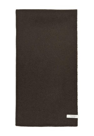 Dark brown rectangular wool scarf with a small white label reading "COMMA est. 1973" on one corner.