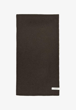 Dark brown rectangular wool scarf with a small white label reading "COMMA est. 1973" on one corner.
