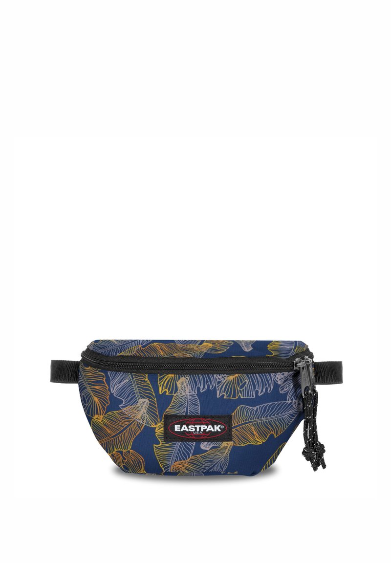 Marsupio navy con un motivo a foglie in giallo e bianco. Materiale in tessuto, chiusura con zip, tracolla nera regolabile e logo del marchio visibile.