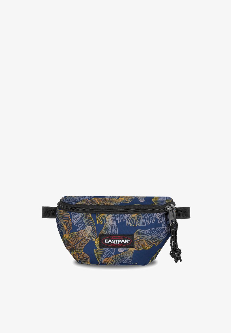 Laavritsimees fanny pack tumesinisest värvist, millel on kollaste ja valgete lehtede muster. Kangast materjal, lukuga sulgur, reguleeritav must rihm ja brändi logo nähtav.