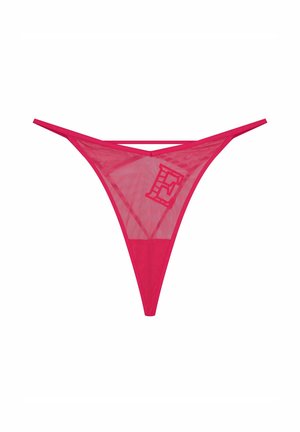 Sheer pink thong with a triangular shape, featuring thin straps and a logo detail on the back. Made from lightweight mesh material.