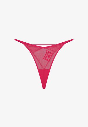 Durchsichtiger rosa Tanga mit dreieckiger Form, ausgestattet mit dünnen Trägern und einem Logodetail auf der Rückseite. Hergestellt aus leichtem Mesh-Material.