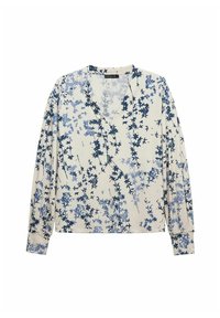 Langarmshirt in Creme mit blauem Blumenmuster. Es hat einen V-Ausschnitt, weichen Stoff und eine lockere Passform für Komfort.