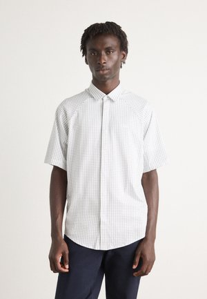 Short-sleeve button-up shirt, white with navy grid pattern, collar, relaxed fit, smooth texture, visible button placket, and side slits.