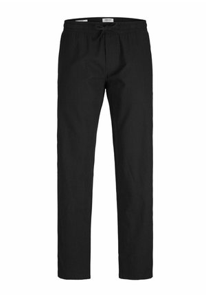 Pantaloni negri cu talie elastică, cordon de ajustare, croială dreaptă, textură netedă și fără modele sau accente vizibile.