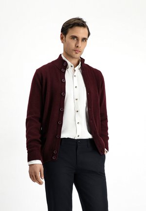 Cárdigan burdeos con un cuello alto y un frente de botones prominente, hecho de una suave tela de punto. Llevado sobre una camisa blanca, combinado con pantalones oscuros.