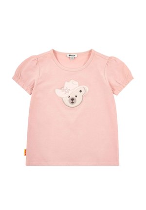 Rosa kurzärmliges T-Shirt mit einem Bärenkopf-Design, das einen Cowboyhut und einen Stern zeigt. Hergestellt aus weichem Stoff mit gerafften Ärmeldetails.