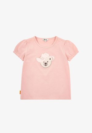 Pink short-sleeve t-shirt featuring a bear head design with a cowboy hat and star. Made of soft fabric with gathered sleeve details.