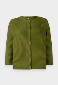 Grön ribbad stickad cardigan med långa ärmar och sju matchande knappar fram, med rund halsringning och rak nederkant.
