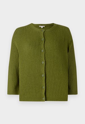 Green ribbed knit cardigan with long sleeves and seven matching buttons down the front, featuring a round neckline and straight hem.