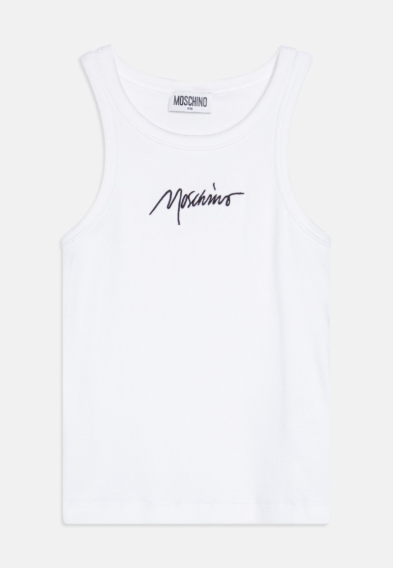 Biała bawełniana koszulka bez rękawów z prążkowaną teksturą i granatowym haftowanym logo z przodu. Klasyczny krój z szerokimi ramiączkami.