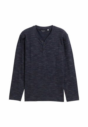 Langärmliges, dunkelblaues Henley-Shirt mit strukturiertem Muster, V-Ausschnitt und Knopfleiste mit drei Knöpfen. Weicher Stoff.