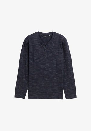 Langärmliges, dunkelblaues Henley-Shirt mit strukturiertem Muster, V-Ausschnitt und Knopfleiste mit drei Knöpfen. Weicher Stoff.