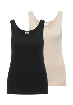 Dwa bezrękawniki, jeden czarny z przodu, a drugi beżowy z tyłu, oba z okrągłymi dekoltami i metkami przy kołnierzyku.