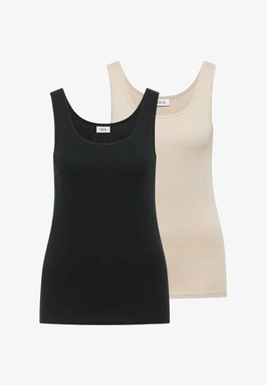 Two sleeveless tank tops, one black in front and one beige behind, both with round necklines and label tags at the collar.