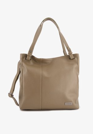 Beige leather tote bag with a textured finish, two top handles, adjustable shoulder strap, and a small metal logo accent.