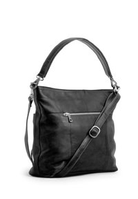 Sac en cuir noir avec une finition texturée, doté d'une poche avant zippée et d'une bandoulière réglable. Forme rectangulaire.