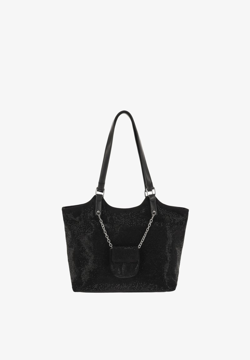Bolso tote negro con asas de cuero suave y un detalle de cadena. Cuerpo de tela texturizada, con un pequeño bolsillo frontal. Diseño espacioso y abierto.