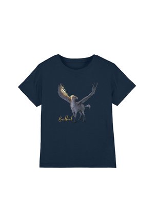 Navy blue t-shirt with a detailed winged horse graphic and the word "Backbeat" in gold script below the image.
