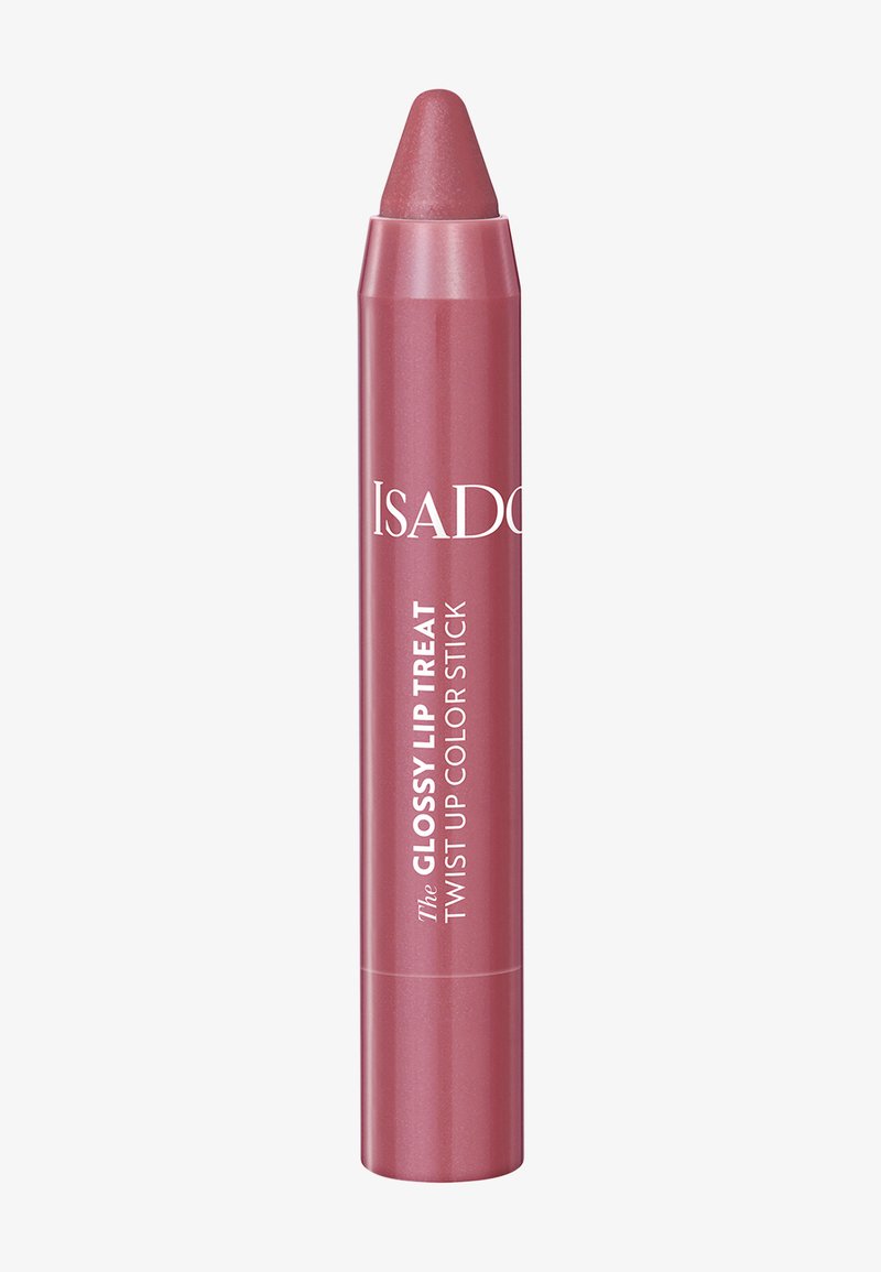Glänzender IsaDora Twist-Up Lippenstift in mauve-pink mit spitz zulaufender Spitze und metallischem Finish auf einfachem Hintergrund.