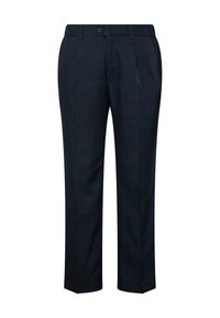 Tmavě modré kalhoty vyrobené z texturované tkaniny, s úzkým střihem, sklady, zapínáním na knoflík a rovným designem nohavic.