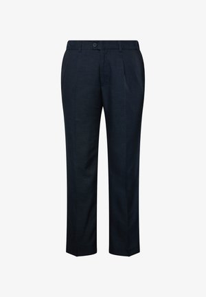 Tmavě modré kalhoty vyrobené z texturované tkaniny, s úzkým střihem, sklady, zapínáním na knoflík a rovným designem nohavic.