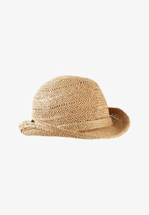 Light brown straw hat with a rounded crown and wide brim, featuring a woven texture and a band around the base of the crown.