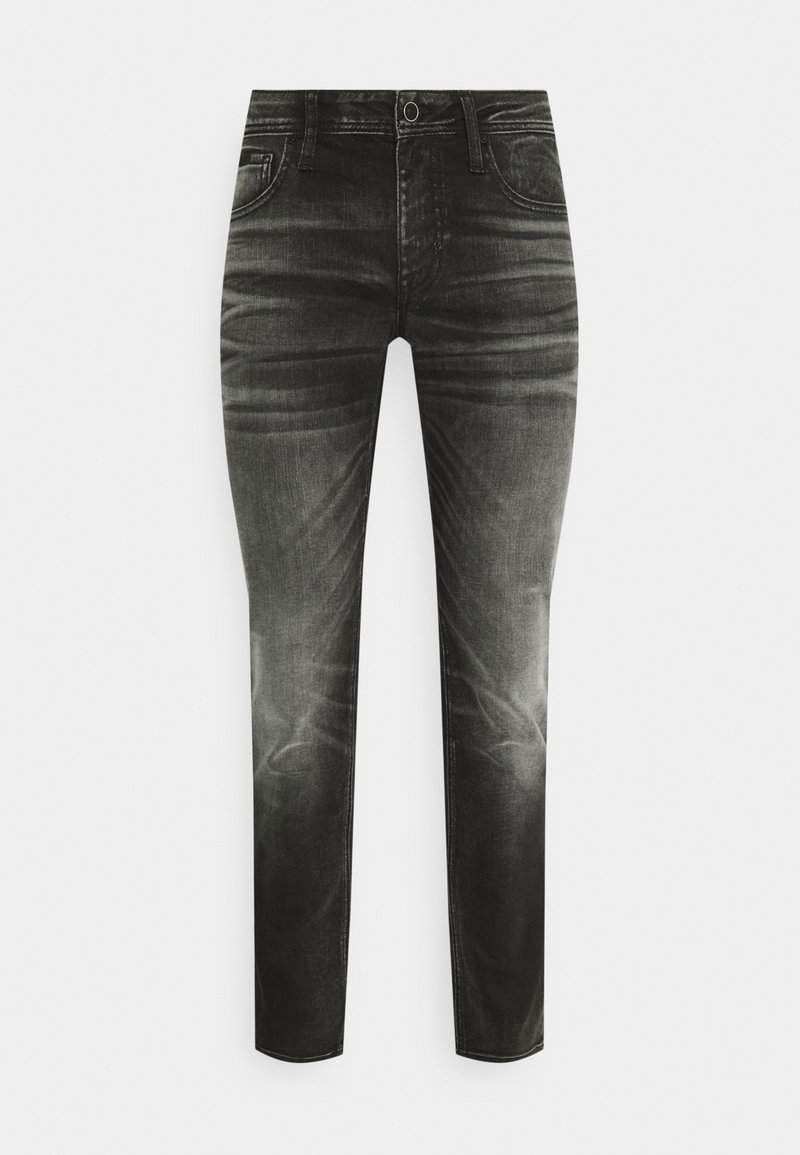 Black jeans with a faded finish, five-pocket design, zip fly, and belt loops. Made from denim with a smooth texture.