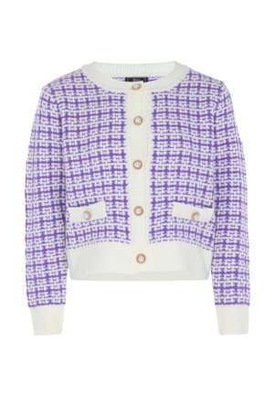 Purple and white patterned knit cardigan with pearl-embellished gold buttons and two front pockets, featuring white ribbed trim on cuffs and hem.